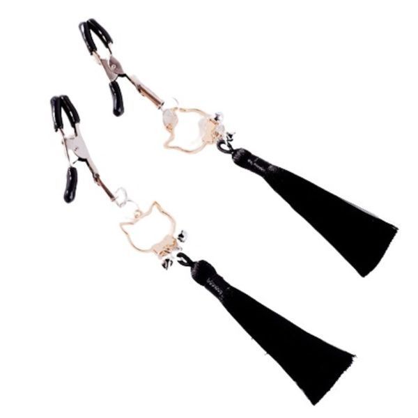 Зажимы для сосков с кисточками и колокольчиками черные Nipple Clamps для BDSM игр регулировка давления 31-0072 фото