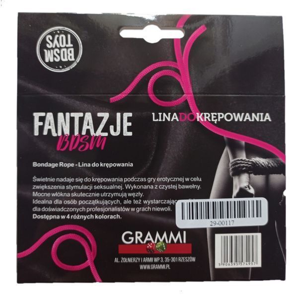 Мотузка для бондажу Fantazje BDSM 5 метрів рожева для еротичних ігор обмеження рухів 2900117 фото